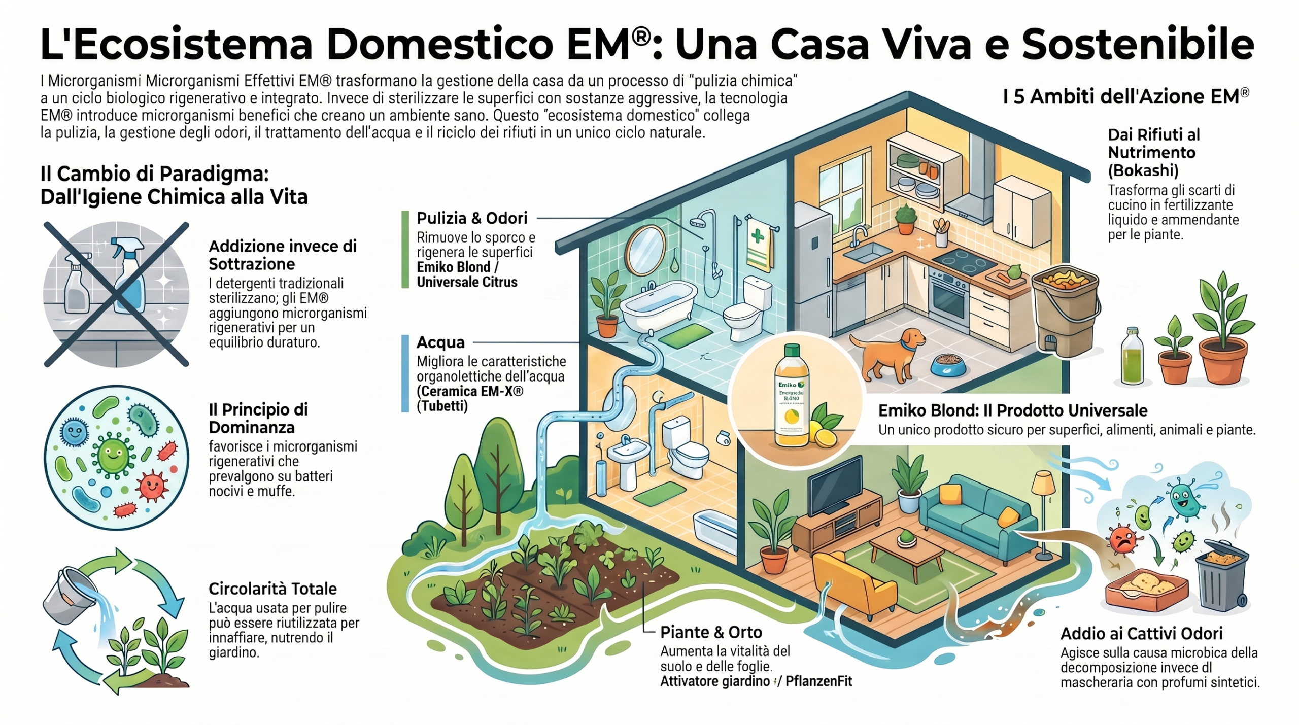 Infografica intitolata 'L'Ecosistema Domestico EM®: Una Casa Viva e Sostenibile'. Mostra il disegno dello spaccato di una casa a due piani per illustrare i 5 ambiti d'azione dei microrganismi benefici: pulizia e odori in bagno e cucina con Emiko Blond, trattamento dell'acqua, cura di piante e orto con Attivatore giardino e suolo, gestione dei rifiuti con il secchio Bokashi, e igiene della lettiera del gatto. A sinistra, tre icone descrivono il cambio di paradigma: l'addizione invece della sterilizzazione chimica, il principio di dominanza microbica e la circolarità totale dell'acqua.