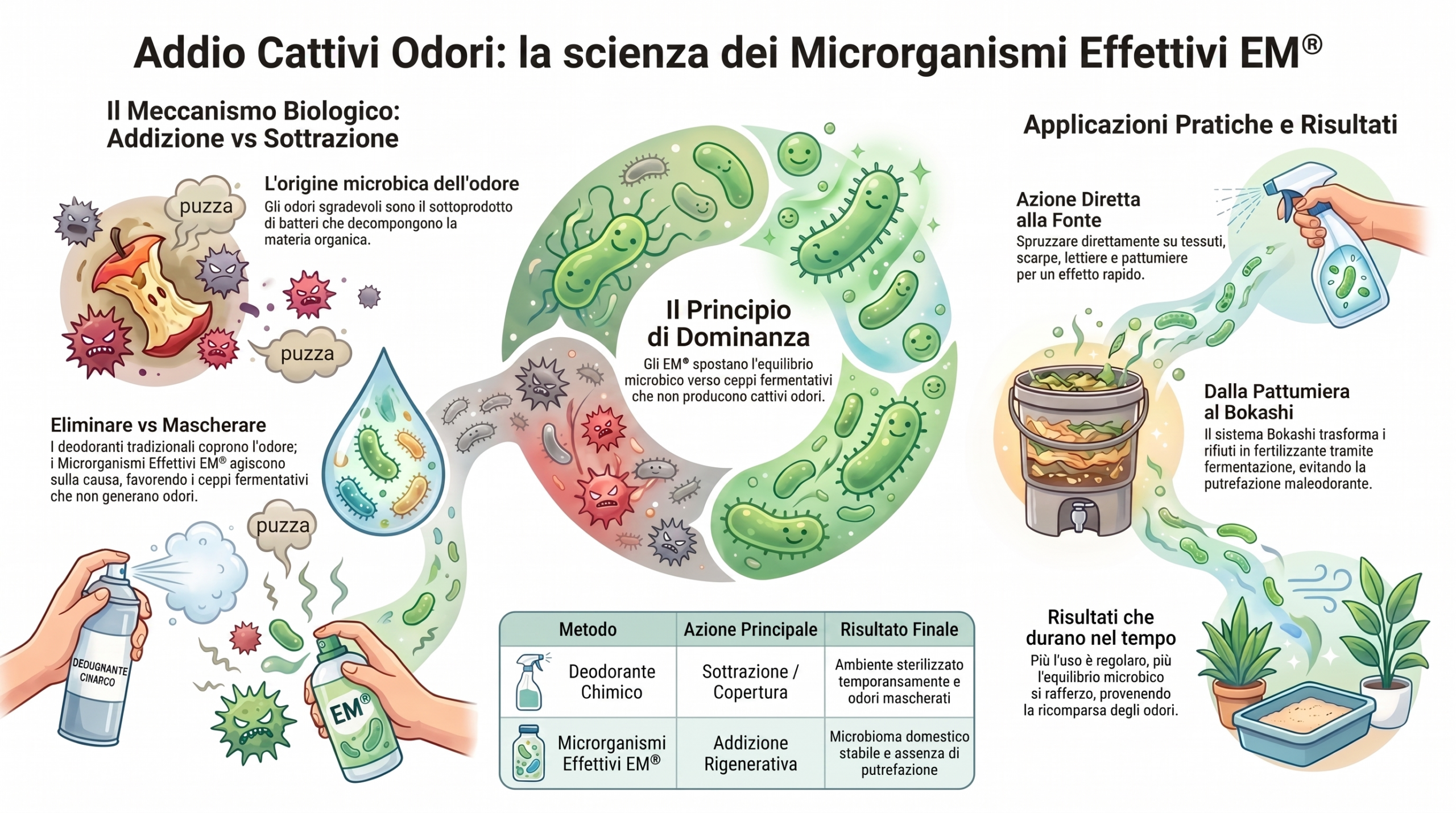 Infografica orizzontale intitolata 'Addio Cattivi Odori: la scienza dei Microrganismi Effettivi EM®'. Illustra il principio di dominanza microbica diviso in tre sezioni collegate da un flusso circolare: a sinistra il meccanismo biologico (addizione vs sottrazione) con un torsolo di mela in decomposizione; al centro un anello dove i microrganismi benefici verdi prevalgono su quelli patogeni rossi e opportunisti grigi; a destra le applicazioni pratiche con icone di un flacone spray, un secchio Bokashi, una lettiera e piante. In basso, una tabella comparativa mette a confronto l'azione temporanea del deodorante chimico con l'azione rigenerativa e stabile dei Microrganismi Effettivi EM®.
