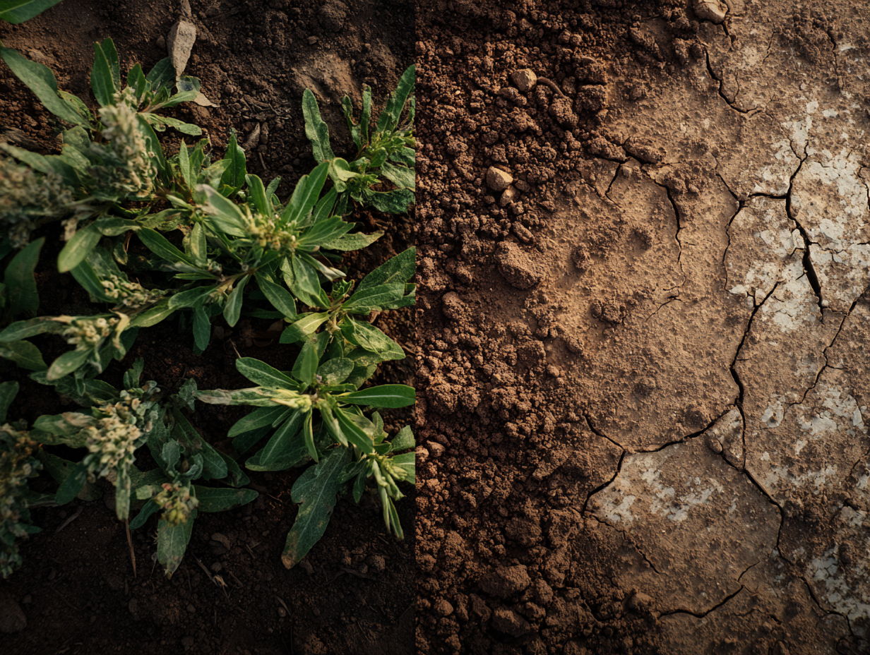 Due ecosistemi a confronto: prato naturale rigoglioso e campo coltivato — il tema del confronto biologico al centro dell'articolo sui microrganismi effettivi EM®